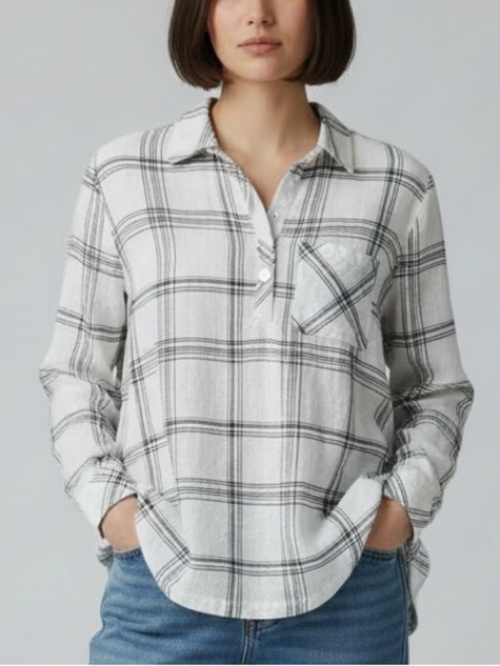 Garnet Hill White & Black Windowpane Plaid Linen Relaxed Popover Top - Size 2